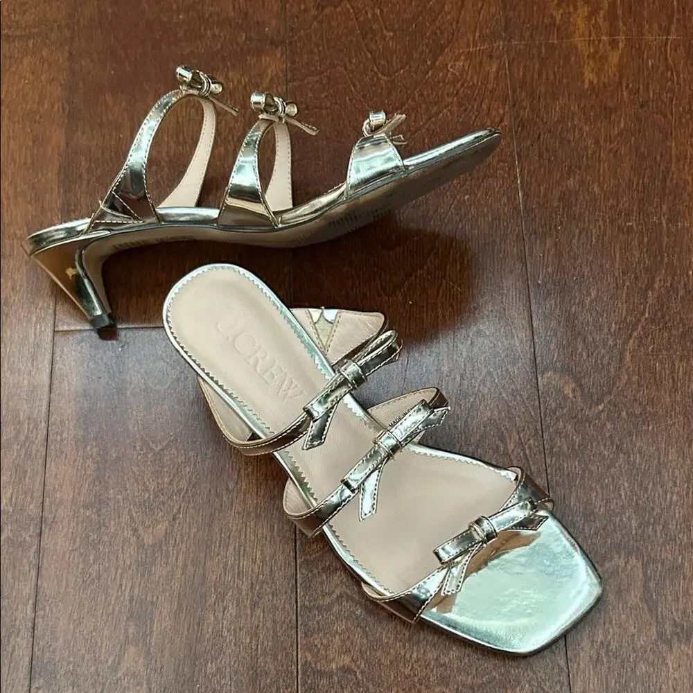 J. Crew Zadie Bow-Strap Heels in Gold Metallic Leather, Feminine Coquette Size 6